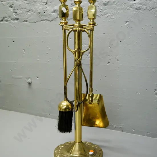 4-piece brass fireside set - some wear and discolouration H-550