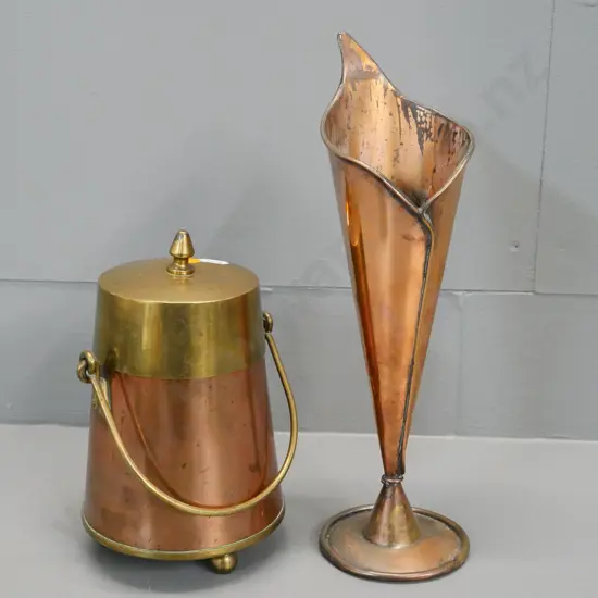 copper jack-in-the-pulpit vase H-310 and a copper and brass lidded canister with handle