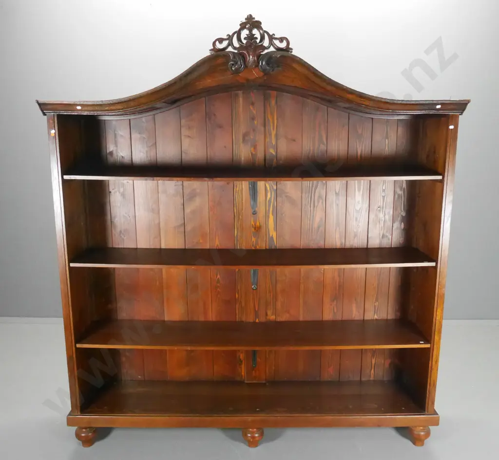 vintage oak (pine back) bookcase with ball feet & scroll top, 3  shelves - some cracks at top H1900 W1790 D470 Image 1++