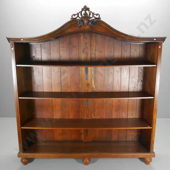 vintage oak (pine back) bookcase with ball feet & scroll top, 3  shelves - some cracks at top H1900 W1790 D470