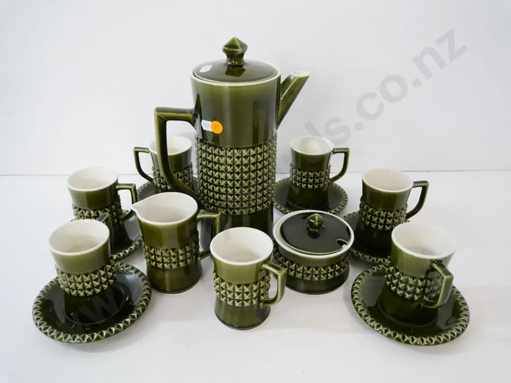 mid-century Portuguese raised diamond pattern coffee set - 6 cups & saucers plus extra cup - pot is H-270 W-170 Image 1++