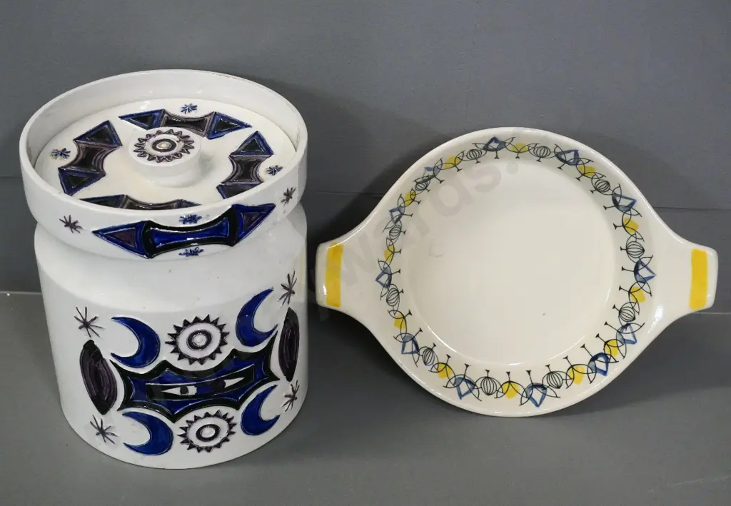 retro Portmeirion Susan William-Ellis "Samarkand"  lidded storage jar - some rubbing to top H200 and a Norwegian dish Image 1++