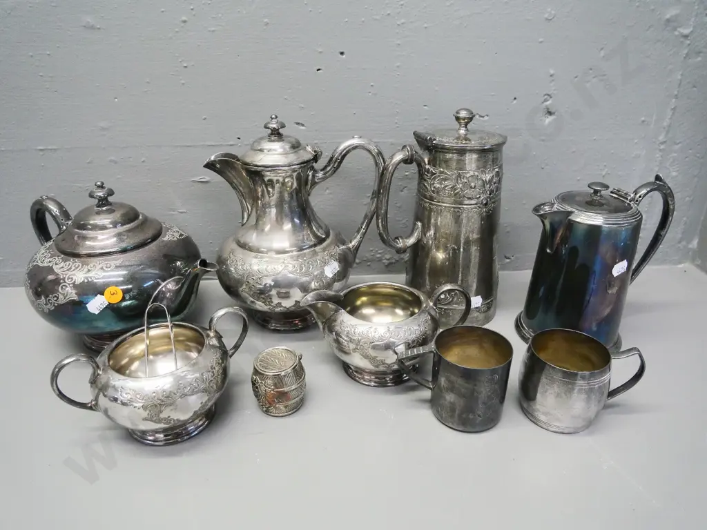silver plated 4-piece etched pattern tea set plus 2 coffee pots, small mugs, etc. Image 1++