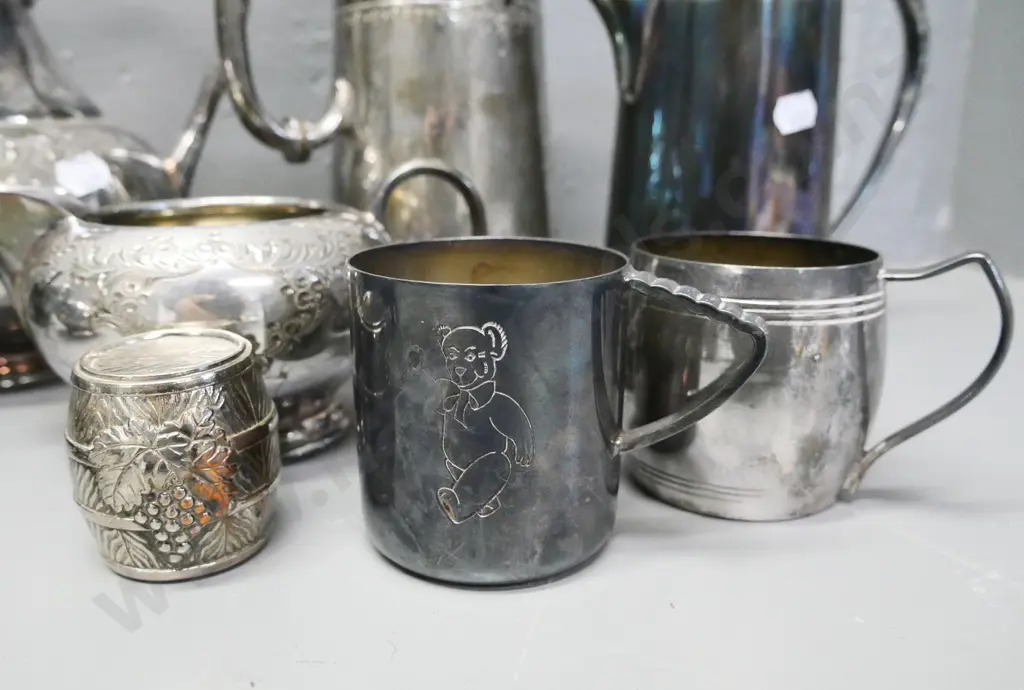 silver plated 4-piece etched pattern tea set plus 2 coffee pots, small mugs, etc. Image 1++