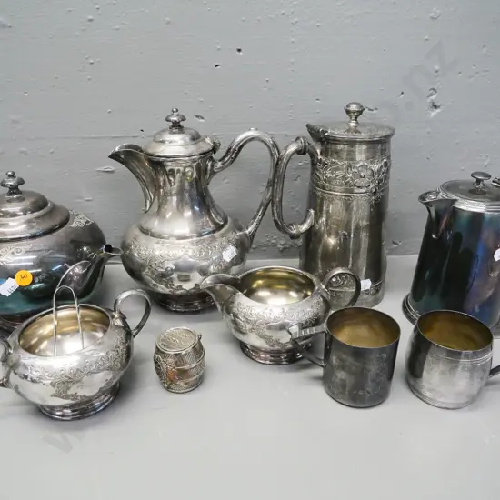 silver plated 4-piece etched pattern tea set plus 2 coffee pots, small mugs, etc.