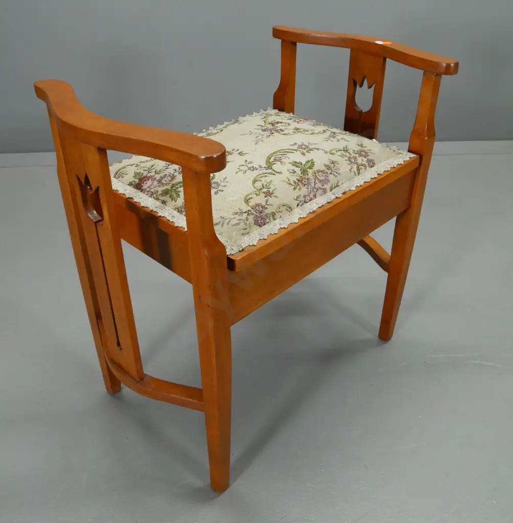 rimu deco style piano stool with tapestry upholstered lift-up lid - some splitting to one side rail H-600 W-620 D-390 Image 1++