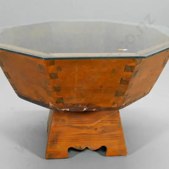 octagonal glass-topped table made from Korean vintage wooden baby bath H-470 W-750 D-750