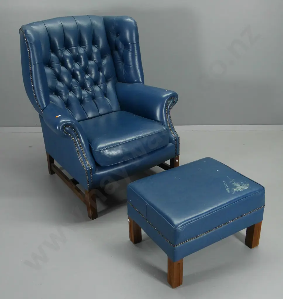 D'Vask deep-button studded leather wingback lounge chair with ottoman - minor colour rubbing H1040 W750 D700 Image 1++