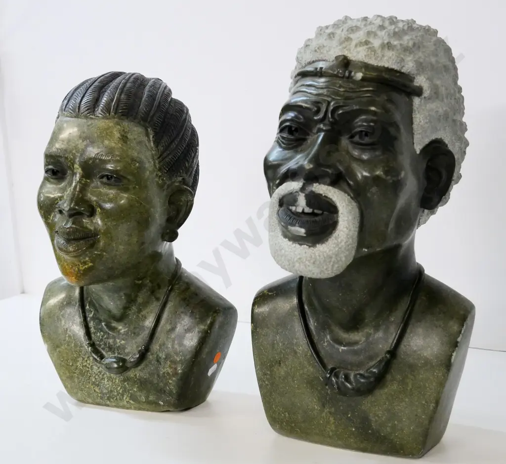 pair of carved stone busts - Nelson & Winnie Mandela, signed Farai Gatsi - chips to face of Nelson H-440 Image 1++