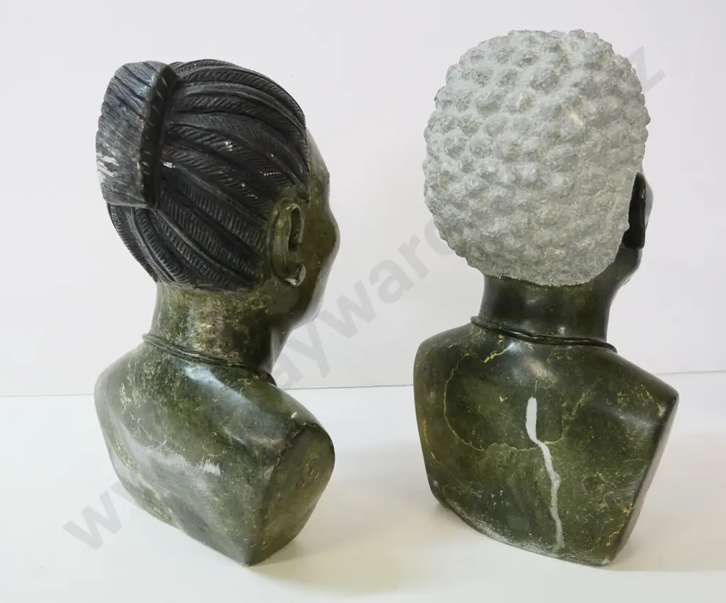 pair of carved stone busts - Nelson & Winnie Mandela, signed Farai Gatsi - chips to face of Nelson H-440 Image 1++