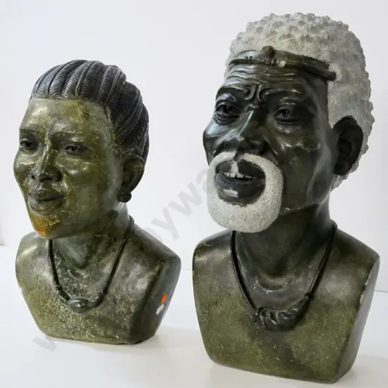 pair of carved stone busts - Nelson & Winnie Mandela, signed Farai Gatsi - chips to face of Nelson H-440