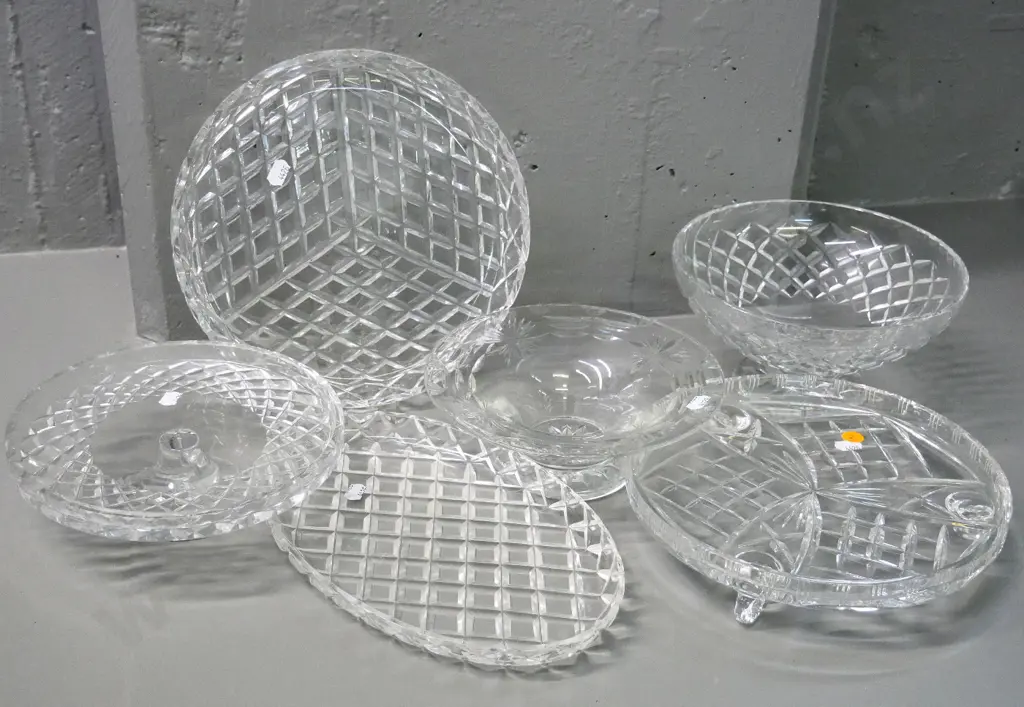 6 cut crystal items -  2 footed cake stands, fruit bowl, 3 dishes Image 1++