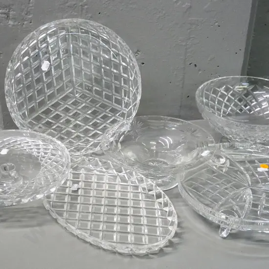 6 cut crystal items -  2 footed cake stands, fruit bowl, 3 dishes