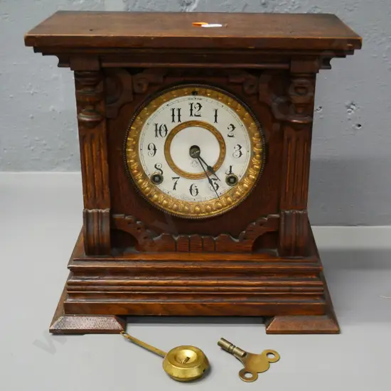 vintage oak-cased Ansonia Summit Strike 8-day mantel clock with pendulum and key - holes for missing top trim H280 W270