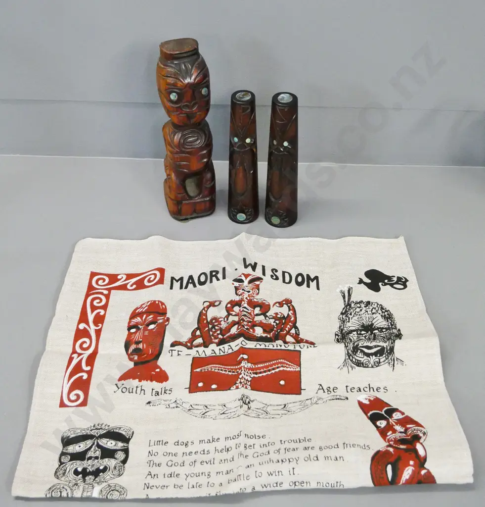 Maori motif souvenir ware - carved wood salt & pepper with paua insets, standing figure H-260 and a linen tea towel Image 1++