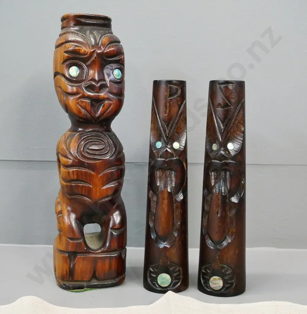 Maori motif souvenir ware - carved wood salt & pepper with paua insets, standing figure H-260 and a linen tea towel Image 1++
