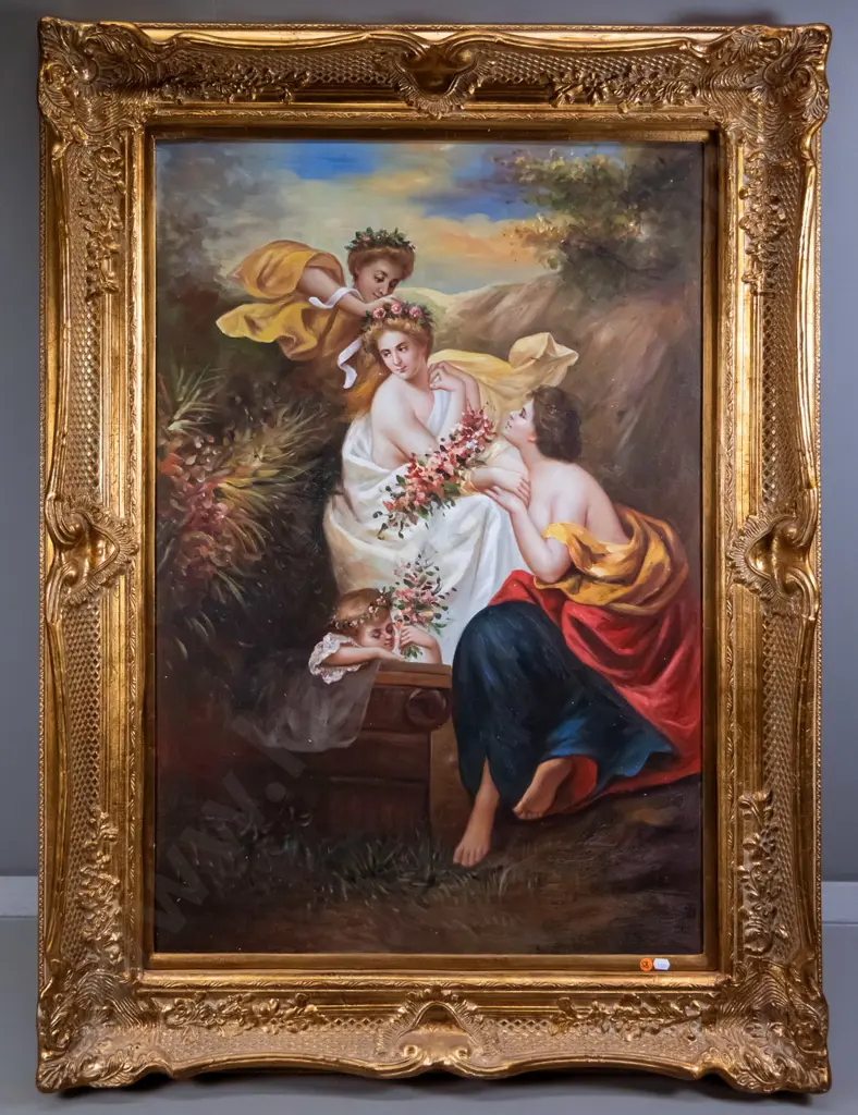 ornate gilt framed oil - group of women  H-1180 W-860 (including frame) Image 1++