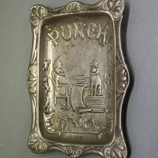 small sterling silver tray / pin dish with impressed Punch magazine illustration L-100 W-70