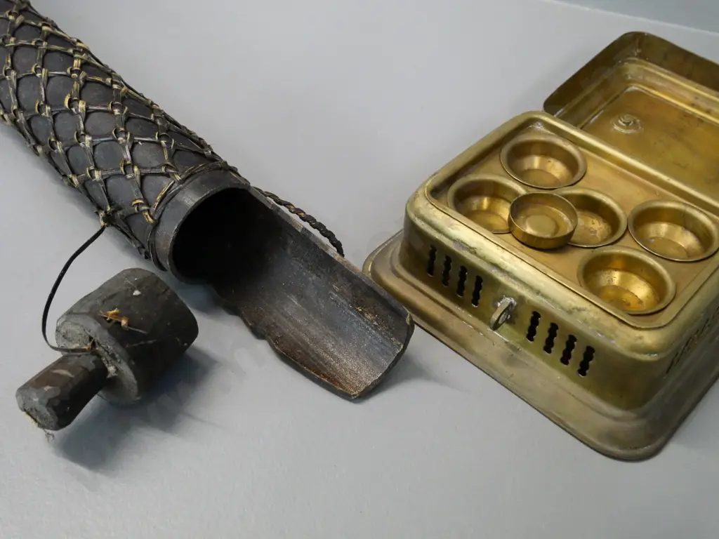 cane and bamboo tribal style arrow/dart holder L-450 and a brass spirit / incense burner with hinged lid Image 1++