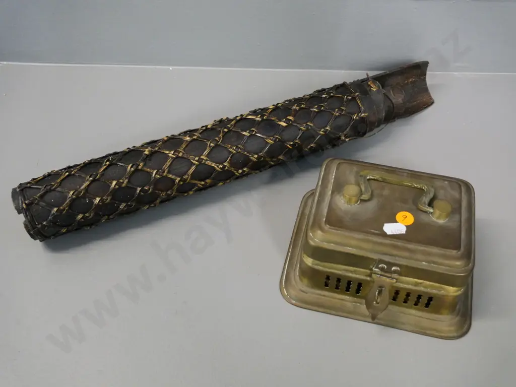 cane and bamboo tribal style arrow/dart holder L-450 and a brass spirit / incense burner with hinged lid Image 1++