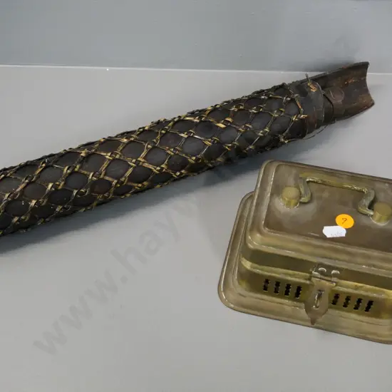 cane and bamboo tribal style arrow/dart holder L-450 and a brass spirit / incense burner with hinged lid