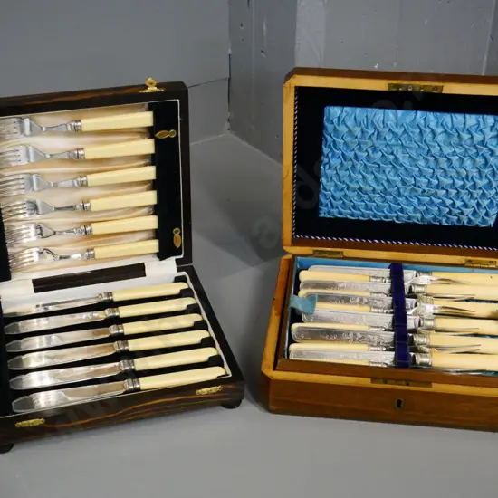 2 wood-cased sets of bone-handled fish knives and forks - set of 6 and set of 12