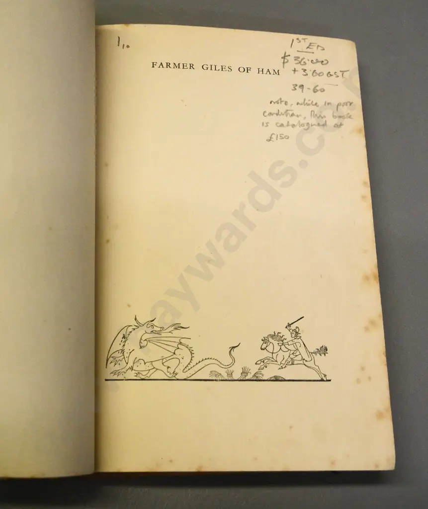 JRR Tolkein - Farmer Giles of Ham - 1949 first edition. Ex library, foxing, staining, wear and tear Image 1++