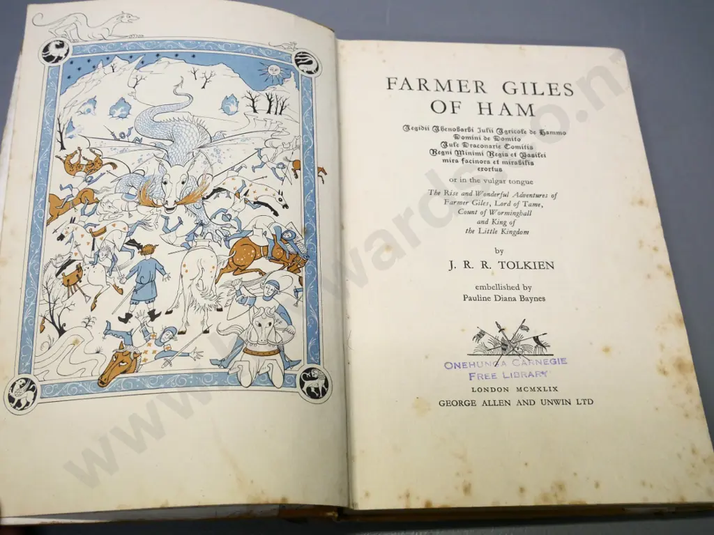JRR Tolkein - Farmer Giles of Ham - 1949 first edition. Ex library, foxing, staining, wear and tear Image 1++