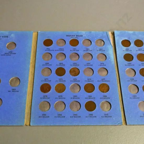 US collector coins folder - "indian head" cents 1857-1909, with partial contents, earliest present is 1961