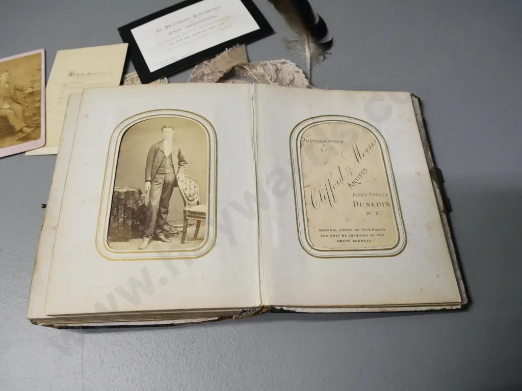 vintage photo album full of cartes de visite and photographs, lace, a feather etc. - Nelson, Hokitika, Dunedin etc Image 1++