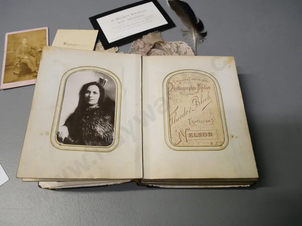 vintage photo album full of cartes de visite and photographs, lace, a feather etc. - Nelson, Hokitika, Dunedin etc Image 1++