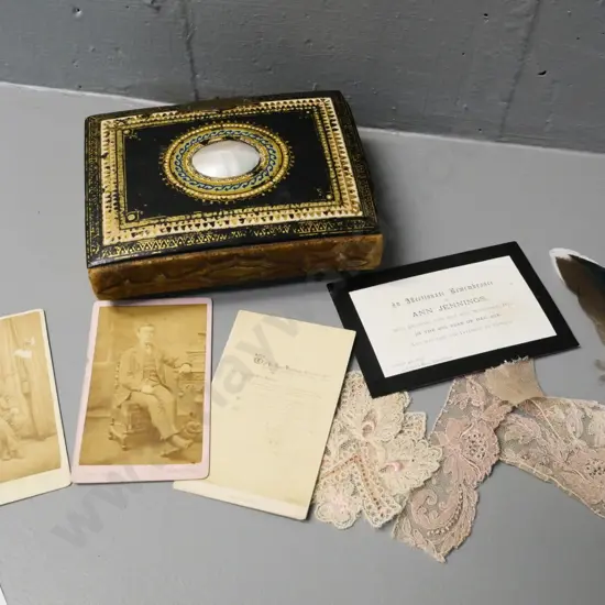 vintage photo album full of cartes de visite and photographs, lace, a feather etc. - Nelson, Hokitika, Dunedin etc