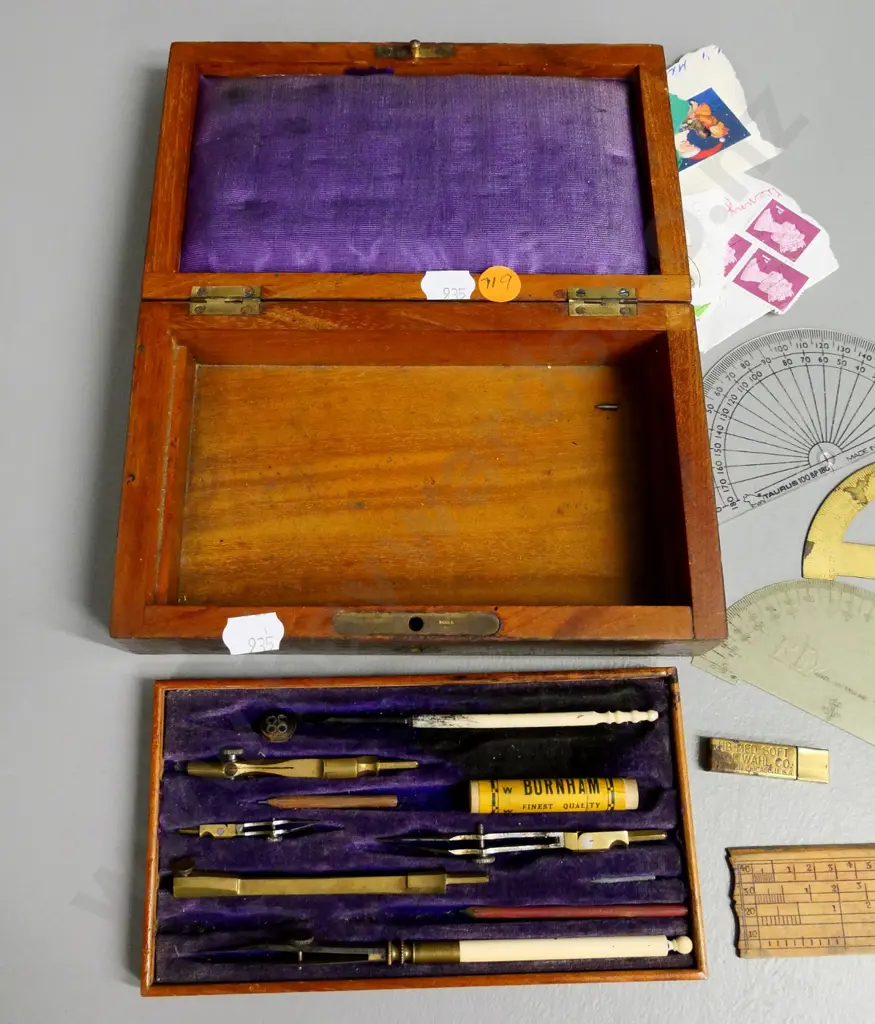 antique wood-cased technical drawing set with brass and (bone?) pieces plus assorted other itemsH-50 W-180 D-110 Image 1++