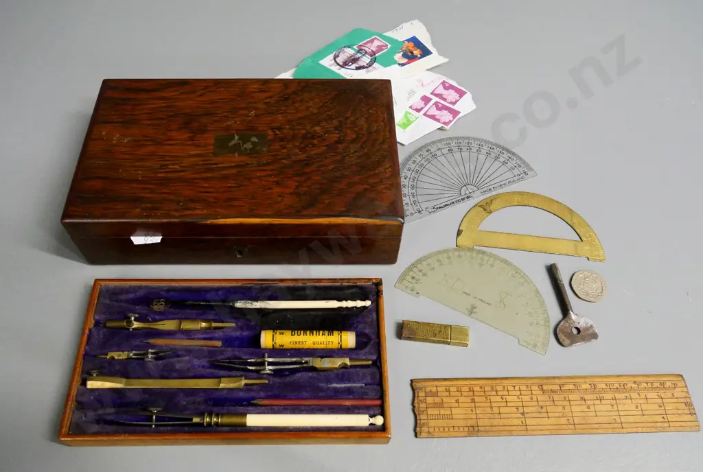 antique wood-cased technical drawing set with brass and (bone?) pieces plus assorted other itemsH-50 W-180 D-110 Image 1++