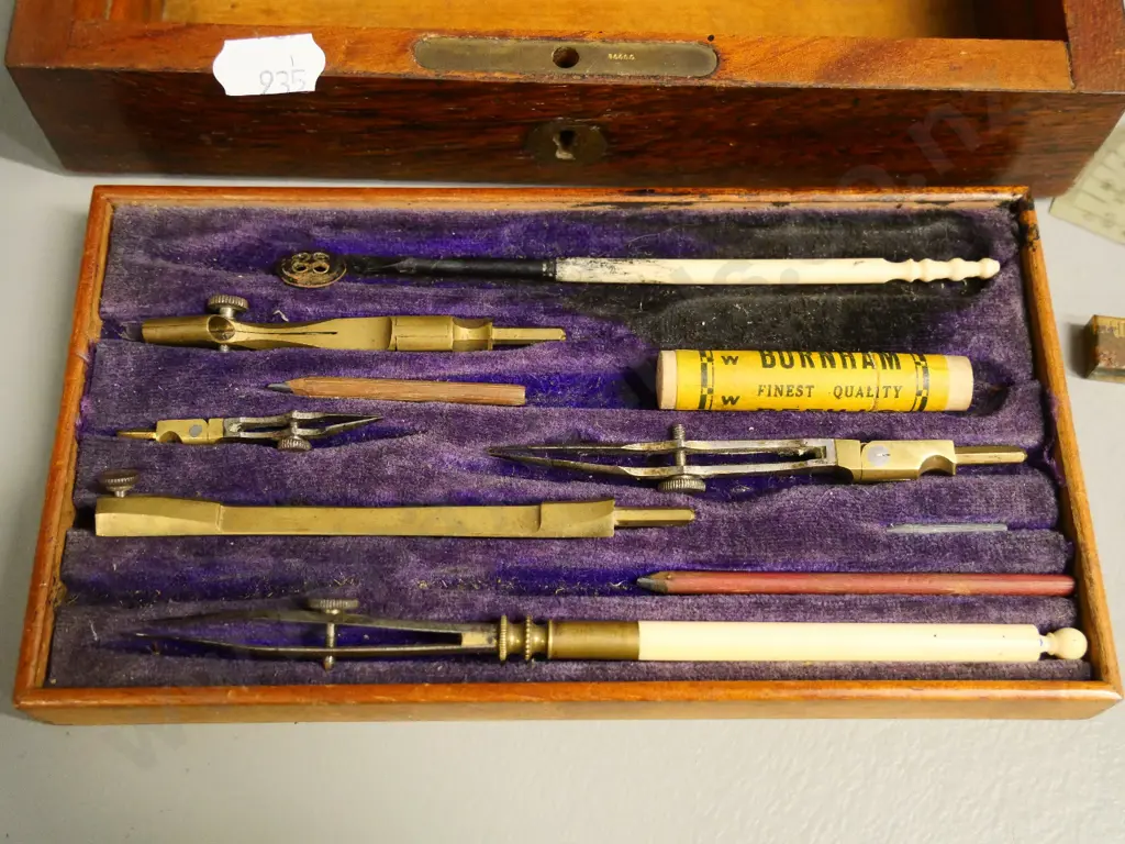 antique wood-cased technical drawing set with brass and (bone?) pieces plus assorted other itemsH-50 W-180 D-110 Image 1++
