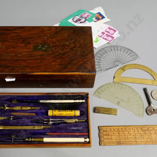 antique wood-cased technical drawing set with brass and (bone?) pieces plus assorted other itemsH-50 W-180 D-110