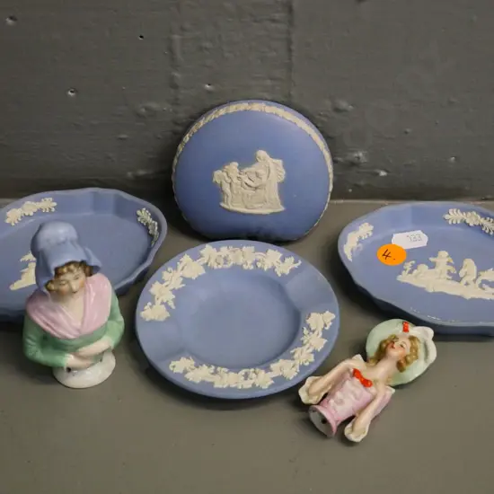 2 vintage porcelain half dolls (taller is H-85) 3 Wedgwood Jasperware dishes and a spare lid from a tirnket box