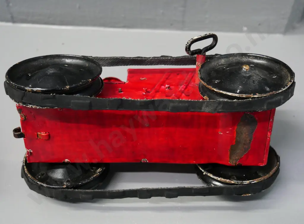 vintage key-wind tin toy caterpillar style tractor - going - H-100 L-210 W-90 - and a Japanese fire truck Image 1++