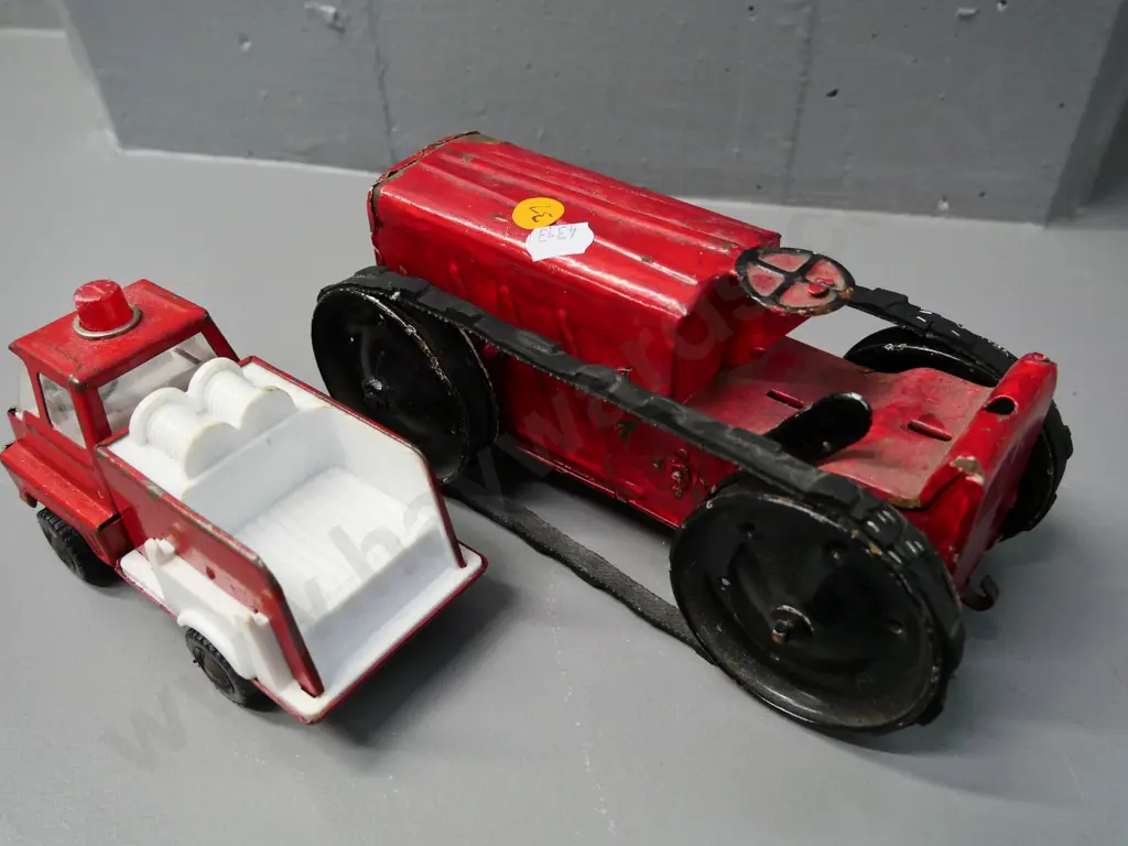 vintage key-wind tin toy caterpillar style tractor - going - H-100 L-210 W-90 - and a Japanese fire truck Image 1++
