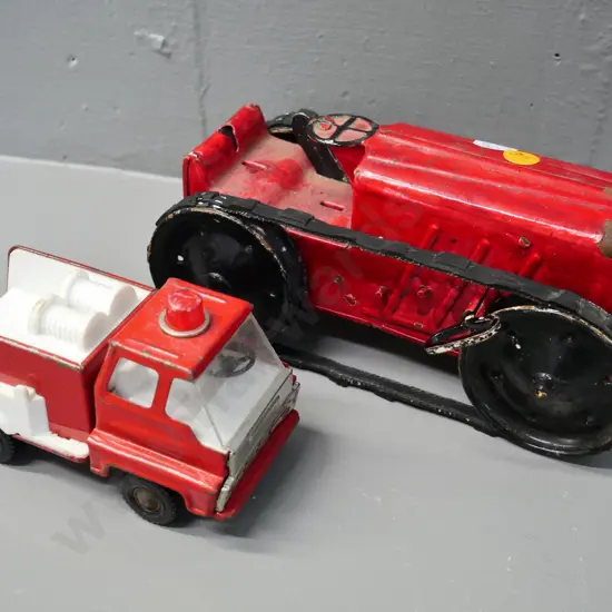 vintage key-wind tin toy caterpillar style tractor - going - H-100 L-210 W-90 - and a Japanese fire truck