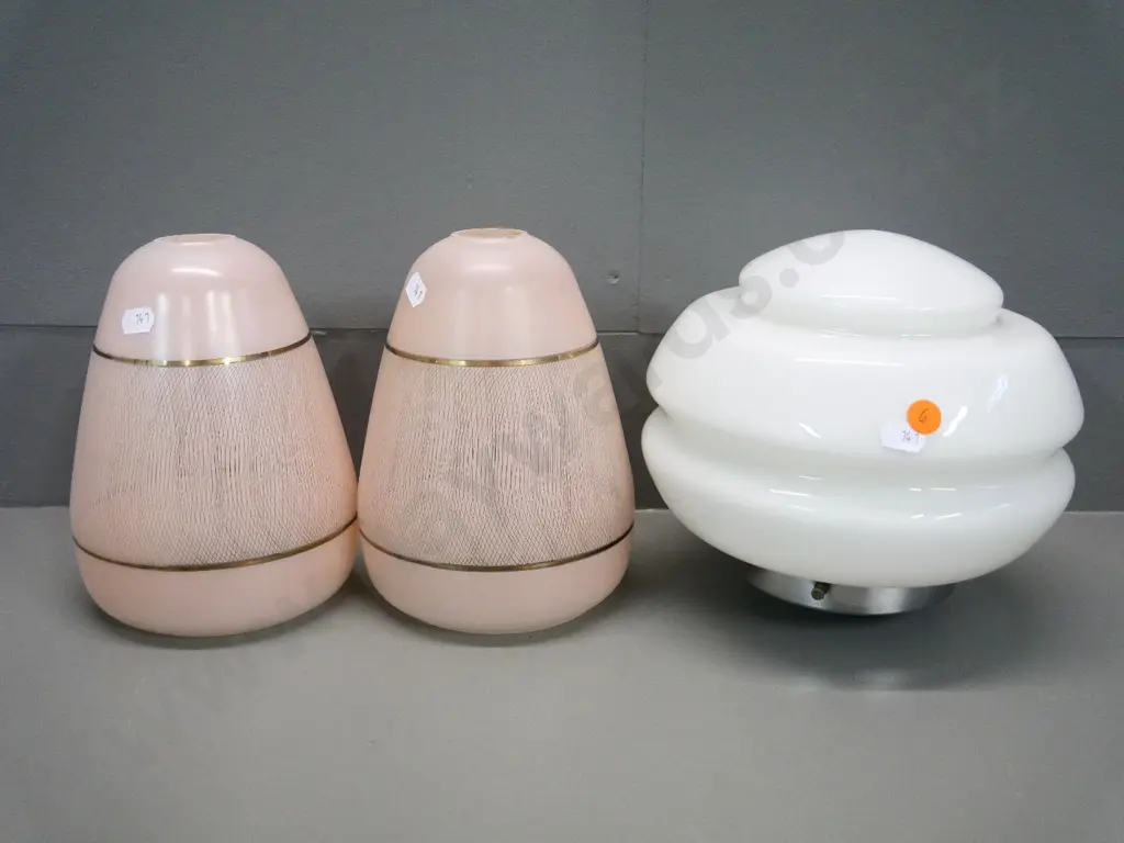 milk glass ceiling light shade with chrome journal H-190 D-220 and a pair of pink glass shades, no journals Image 1++