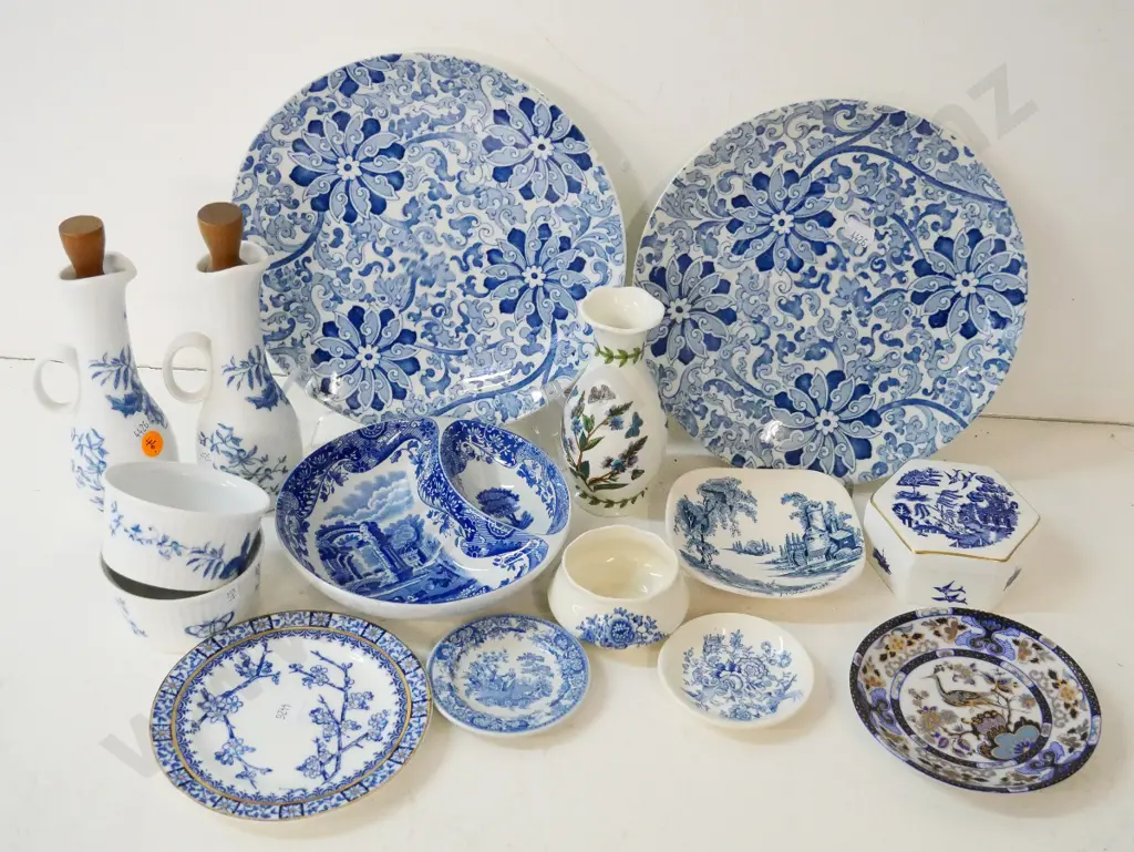 assorted blue & white china - Spode dish, pair Wood & Son plates, Royal Worcester sauce bottles, Portmeirion vase, etc. Image 1++