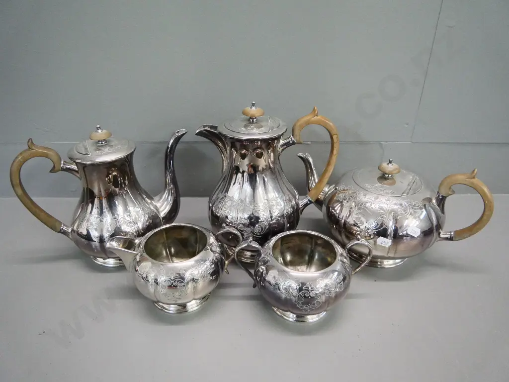 silver-plated etched pattern teapot, coffee pot, hot water pot, milk & sugar - marked Sheffield, bakelite handles Image 1++