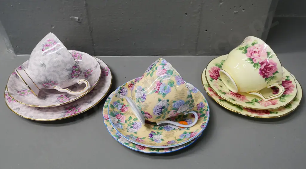 3 English bone china trios - Shelley 'Summer Glory' AOF, Tuscan & Royal Staffordshire Image 1++