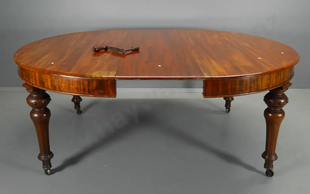 vintage mahogany turned leg extending dining table w/ leaf, crank, brass casters - extended L-1900 W-1420 some splitting Image 1++