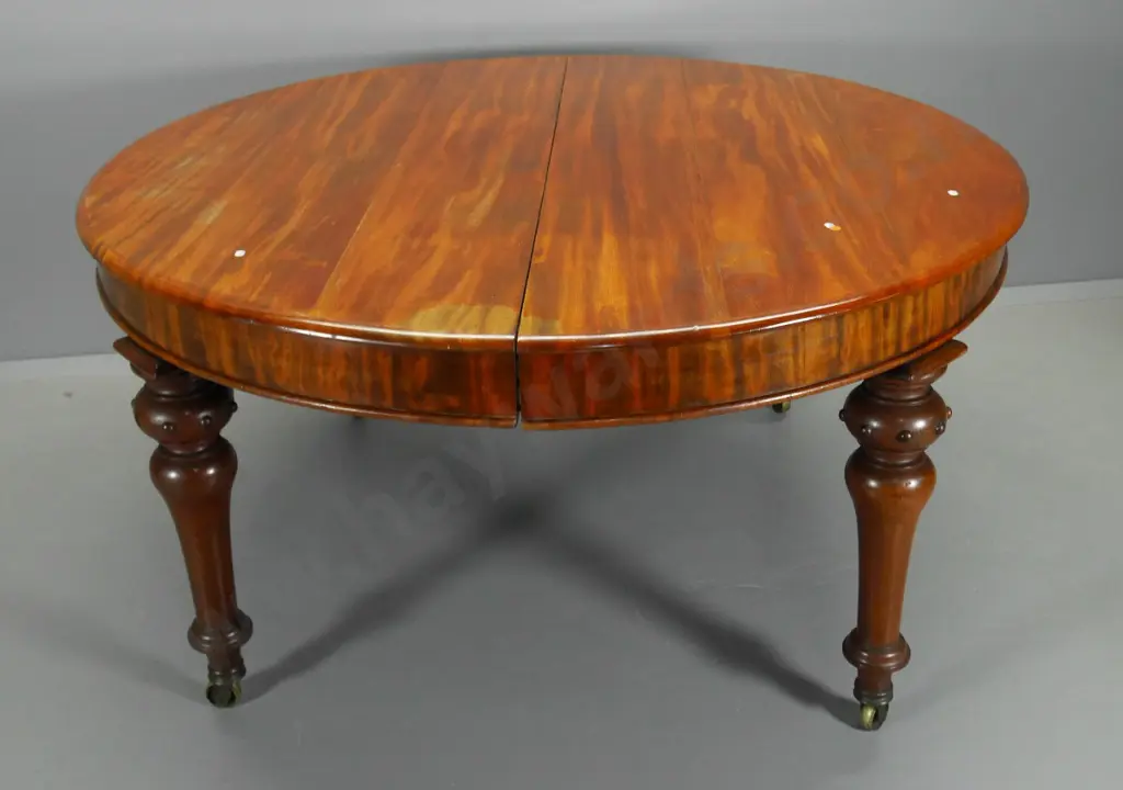 vintage mahogany turned leg extending dining table w/ leaf, crank, brass casters - extended L-1900 W-1420 some splitting Image 1++