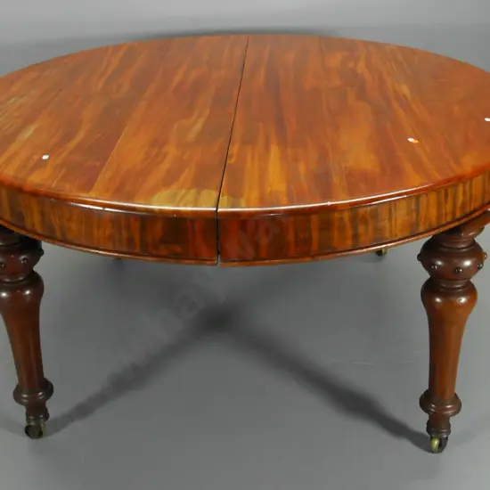 vintage mahogany turned leg extending dining table w/ leaf, crank, brass casters - extended L-1900 W-1420 some splitting