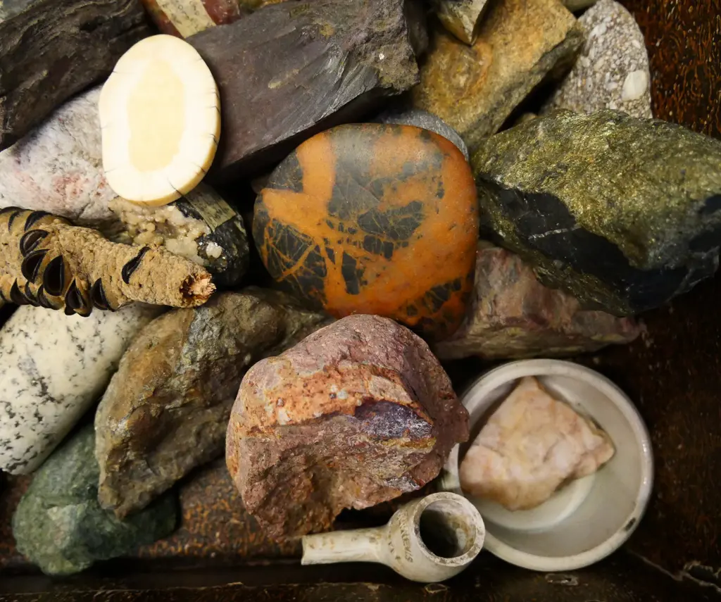 various rock, mineral, kauri gum and fossil samples in a small leather suitcase - case is H-140 W-400 D-290 Image 1++