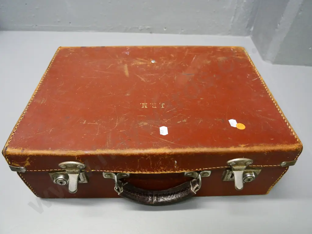 various rock, mineral, kauri gum and fossil samples in a small leather suitcase - case is H-140 W-400 D-290 Image 1++