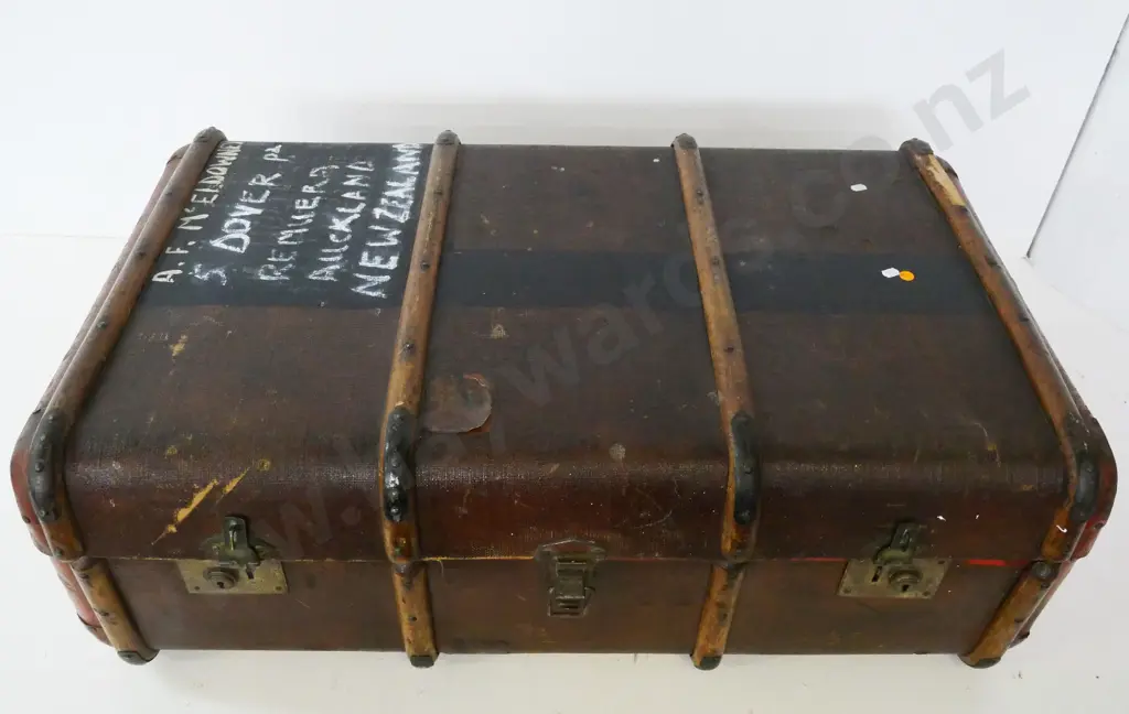 vintage large travel trunk - wood strapping, brass hardware, canvas fibreboard - wear, repairs, staining H330 W900 D540 Image 1++